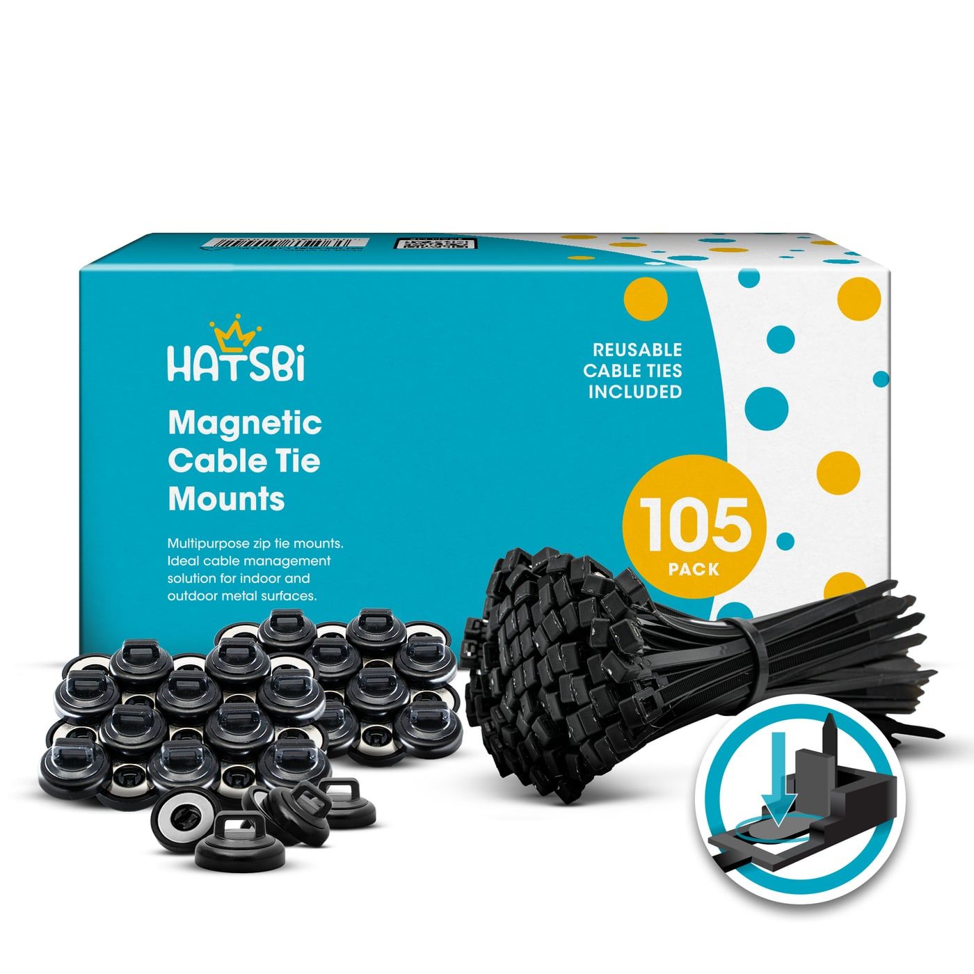 Hatsbi 105-pack box with magnetic mounts and zip ties