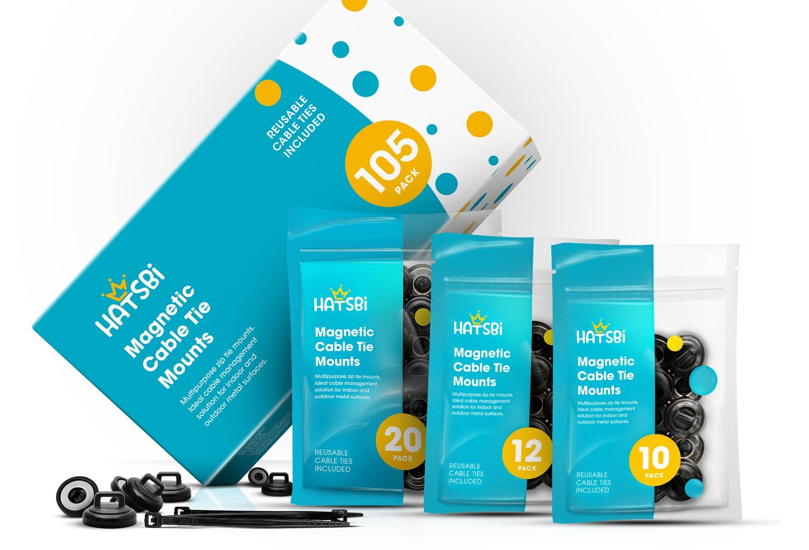 The Hatsbi range: a 105-pack box and smaller pouch packs of magnetic cable tie mounts
